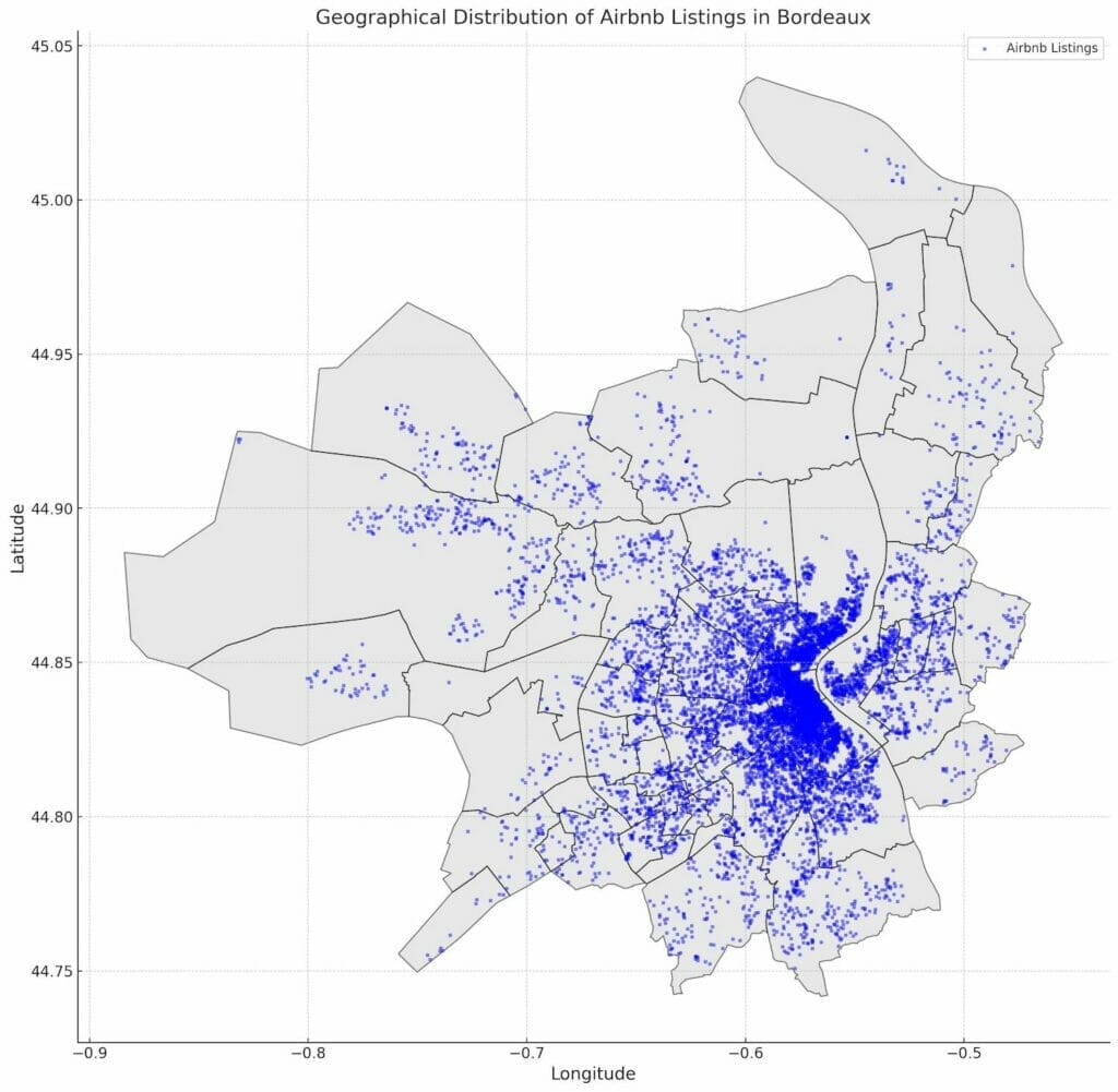 geographical distribution of Airbnb listings across Bordeau