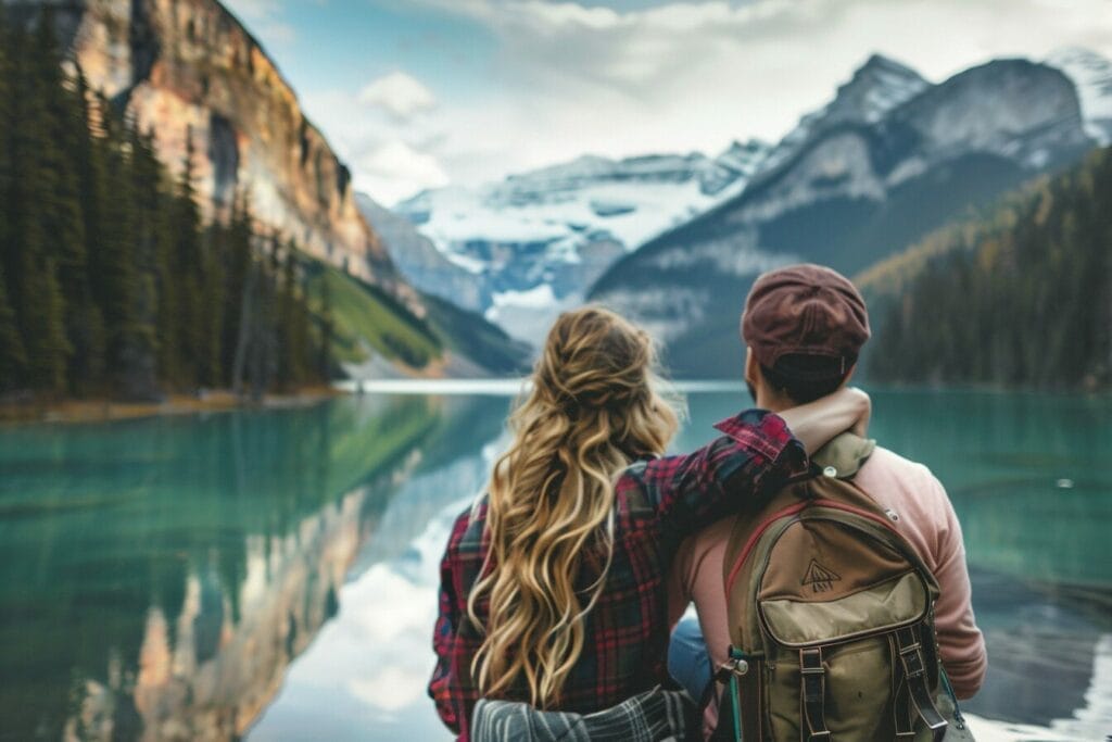 Couple enjoying scenic mountain lake view.