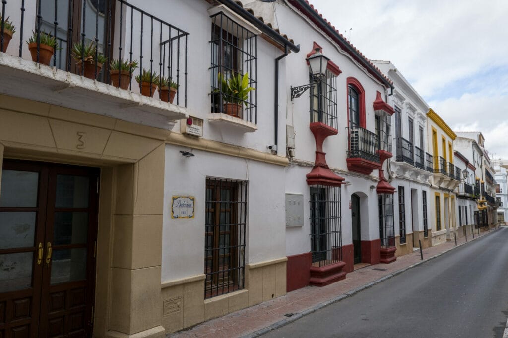 Ronda Charming traditional Spanish street with colorful facades and plants.