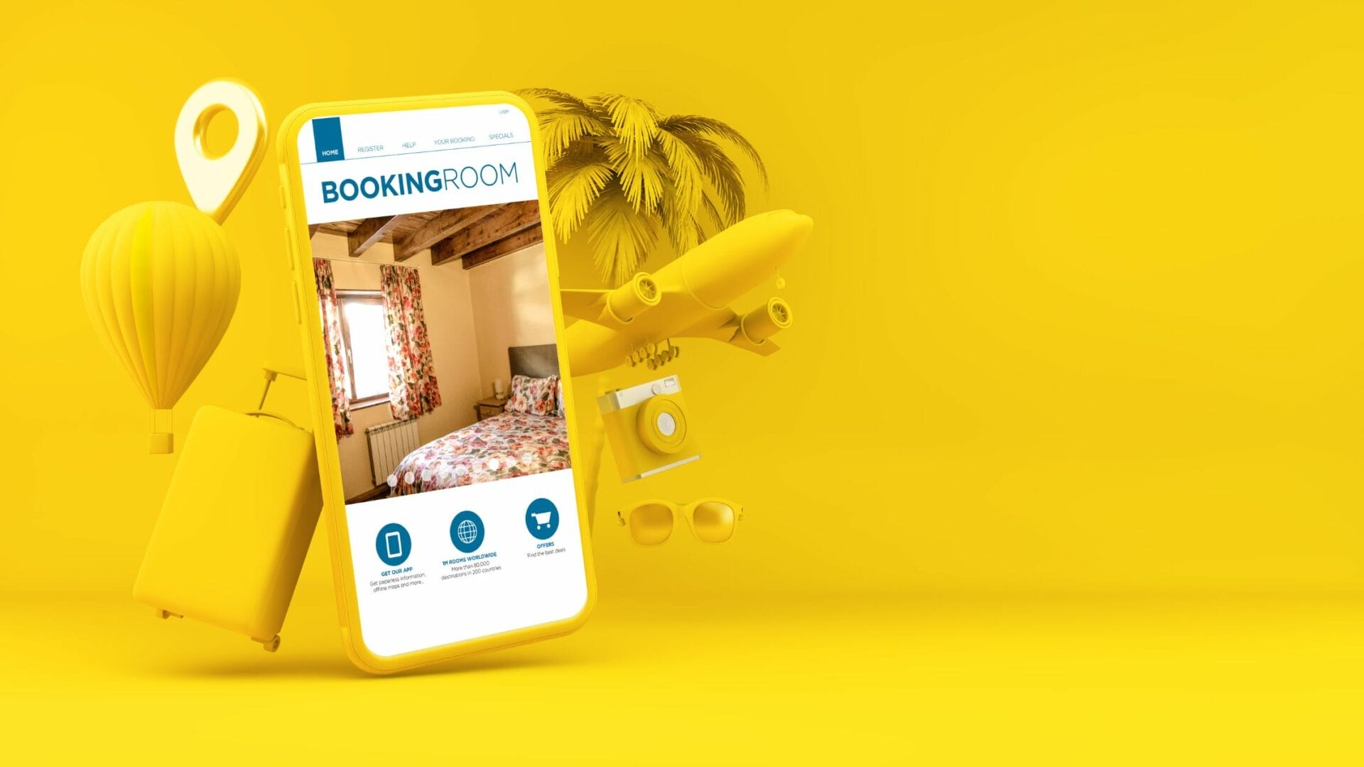 Travel booking app interface with tropical theme