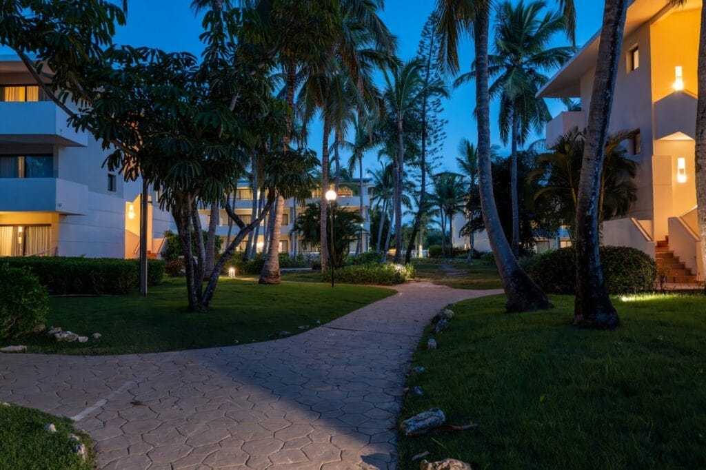 Twilight view of a resort pathway lined with palms