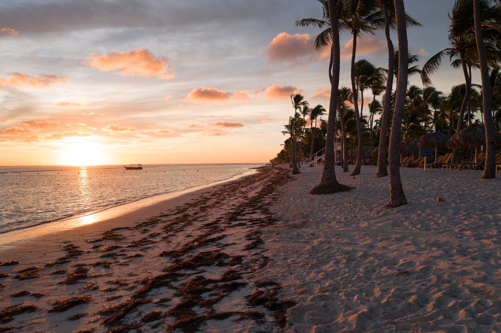Sunset over tropical beach with palm trees and boat