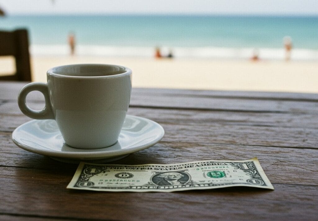 Coffee cup and dollar on table with beach background
