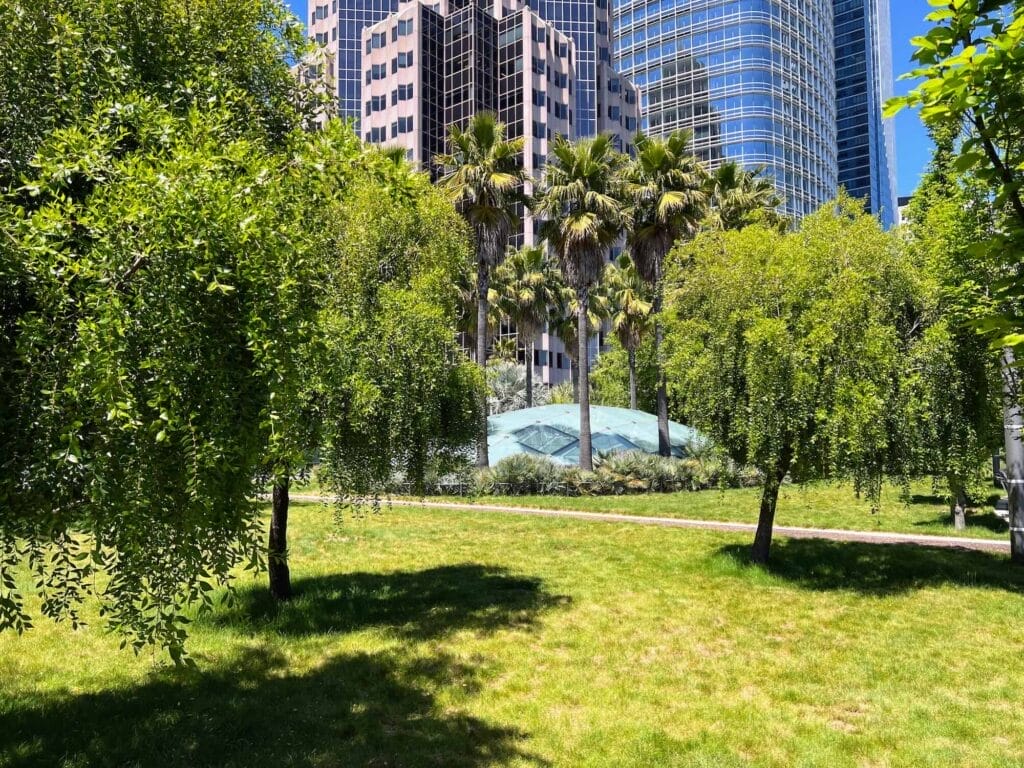 Urban park with trees and skyscrapers