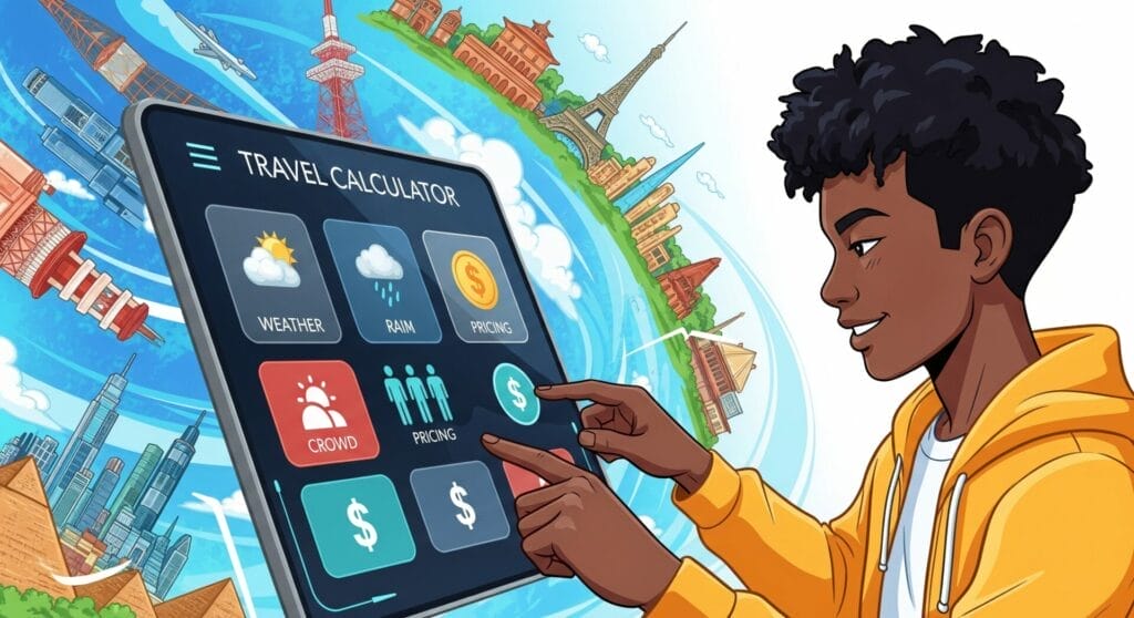 Cartoon character using travel calculator app on tablet.